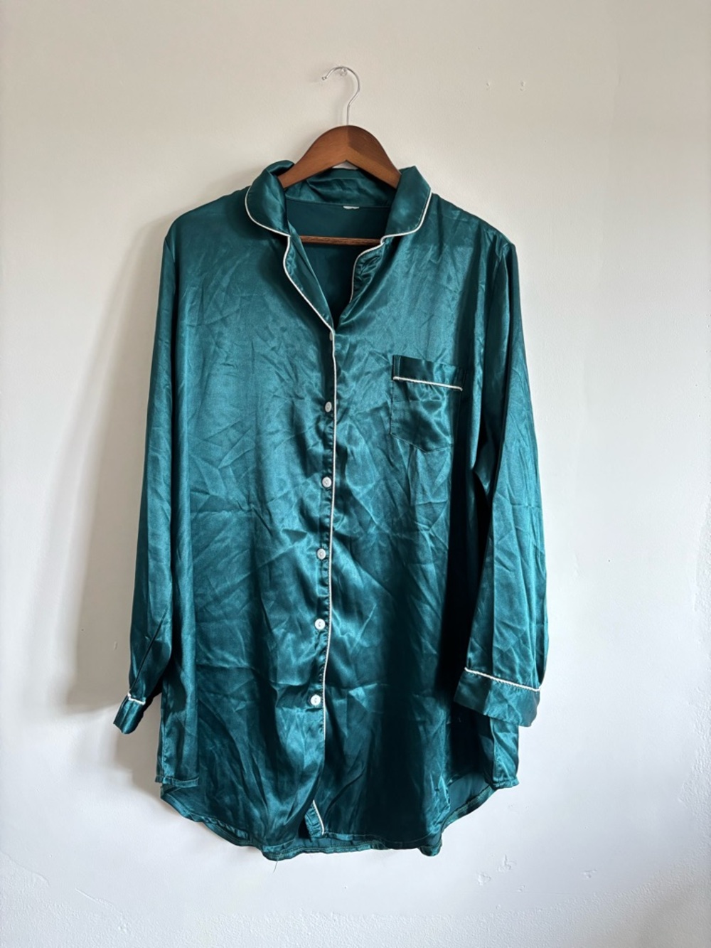 Silky Teal Satin Button-Up Pajama nighty with White Piping